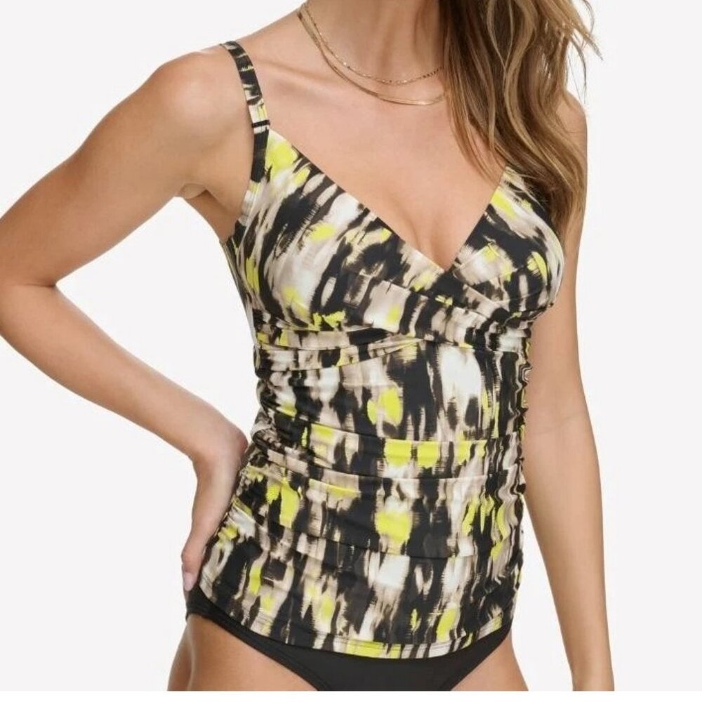 DKNY Women's Twist-Front V-Neck Tankini Top Swimsuit, Abstract Multicolor, Small